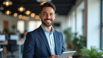 Flat Portrait of smiling male company worker employee project manager or entrepreneur in office Happy young professional Latin business man looking at camera standing at work usin Realistic Set 3 photo