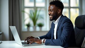 Flat Busy professional African young business man company worker analyst happy Black male software developer typing on computer technology using laptop thinking working at office d Realistic Set 2 photo
