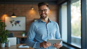 Smiling Professional Latin Male Project Manager in Office Happy Young Businessman Using Tablet Simple Flat Illustration of a Smart Entrepreneur at Work Realistic Set 2 photo