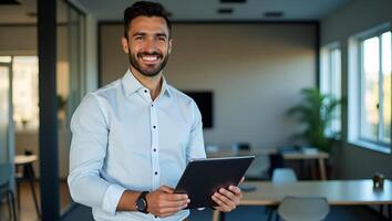 Smiling Latin Male Project Manager in Office Happy Professional Using Tablet Flat Illustration Realistic Set 2 photo