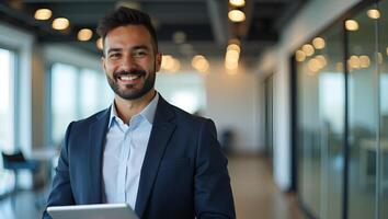 Smiling Latin Male Project Manager in Office Happy Professional Using Tablet Flat Illustration Realistic Set photo
