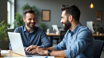 Dynamic Collaboration Two Diverse Male Employees Engaged in Productive Conversations While Working on Laptops in a Modern Office Setting A Cute Illustration of Teamwork a Realistic Set 2 photo
