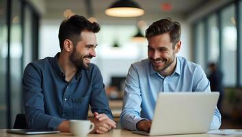 Dynamic Collaboration Two Diverse Male Employees Engaged in Productive Conversations While Working on Laptops in a Modern Office Setting A Cute Illustration of Teamwork a Realistic Set photo