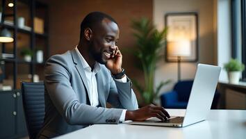 Flat Busy professional African young business man company worker analyst happy Black male software developer typing on computer technology using laptop thinking working at office d Realistic Set photo