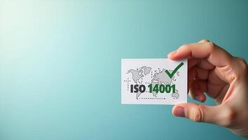 Flat Hand Checkmark on ISO 14001 Label for Quality Environmental Management Realistic Set photo
