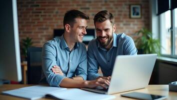 Diverse Male Software Engineers Collaborate on Project Ideas at Office Desk A Cute Illustration of Teamwork and Innovation in Tech Realistic Set photo
