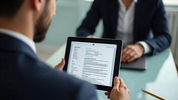 Professional HR Manager Reviewing Female Candidate s Digital CV on Tablet A Close Up Over Shoulder View During Recruitment Interview Process Human Resources Hiring Concept in Ve Realistic Set 2 photo