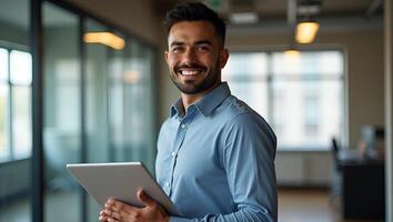 Flat Portrait of smiling male company worker employee project manager or entrepreneur in office Happy young professional Latin business man looking at camera standing at work usin Realistic Set photo