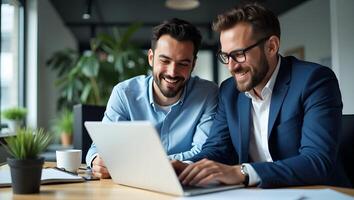 Diverse Male Software Engineers Collaborate on Project Ideas at Office Desk A Cute Illustration of Teamwork and Innovation in a Smart Business Environment Realistic Set 2 photo