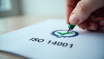 Flat Hand Checkmark on ISO 14001 Label Quality Control Certification for Environmental Management Systems Realistic Set photo