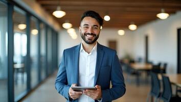 Flat Portrait of smiling male company worker employee project manager or entrepreneur in office Happy young professional Latin business man looking at camera standing at work usin Realistic Set 2 photo