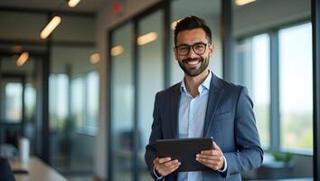 Smiling Professional Latin Male Project Manager in Office Happy Young Businessman Using Tablet Simple Flat Illustration of a Smart Entrepreneur at Work Realistic Set photo