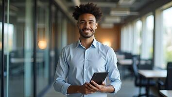 Smiling Professional Latin Male Project Manager in Office Cute Flat Illustration of Young Businessman Using Tablet for Work Success Realistic Set 2 photo