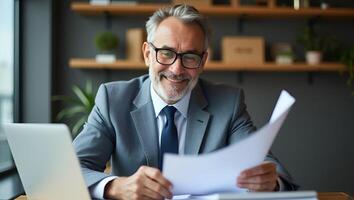 Flat Illustration of a Happy Older Businessman 50 Year Old Entrepreneur Using Laptop and Reviewing Corporate Documents in a Modern Office Setting Realistic Set photo