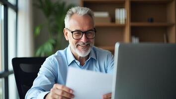 Flat Illustration of a Happy Older Professional Businessman 50 Year Old Entrepreneur Using Laptop and Reviewing Corporate Documents in a Modern Office Setting Realistic Set photo