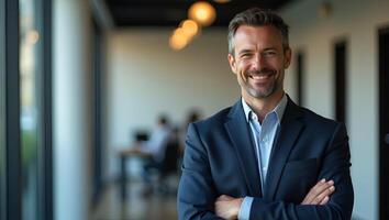 Smiling mature male CEO in office arms crossed projecting reliability driven by results symbolizing entrepreneurial foresight concept as Confident older executive stands upright u Realistic Set photo