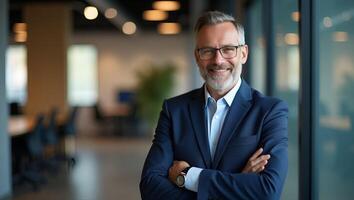 Smiling mature male CEO in office arms crossed projecting reliability driven by results symbolizing entrepreneurial foresight concept as Confident older executive stands upright u Realistic Set 3 photo