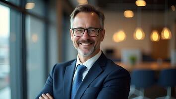 Smiling mature male CEO in office arms crossed projecting reliability driven by results symbolizing entrepreneurial foresight concept as Confident older executive stands upright u Realistic Set 4 photo