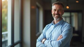 Smiling mature male CEO in office arms crossed projecting reliability driven by results symbolizing entrepreneurial foresight concept as Confident older executive stands upright u Realistic Set 5 photo