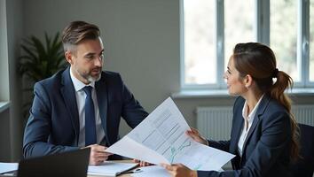 Two professionals discussing corporate strategy manager presenting project plan to female colleague at desk concept as Focused collaboration on strategic goals fostering synergy f Realistic Set 4 photo