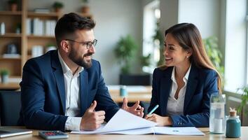 Two professionals discussing corporate strategy manager presenting project plan to female colleague at desk concept as Focused collaboration on strategic goals fostering synergy f Realistic Set 2 photo