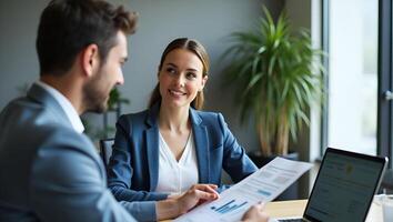 Two professionals discussing corporate strategy manager presenting project plan to female colleague at desk concept as Focused collaboration on strategic goals fostering synergy f Realistic Set 3 photo