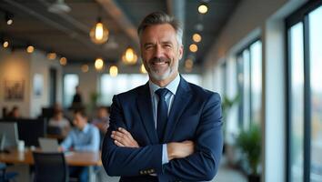 Smiling mature male CEO in office arms crossed projecting reliability driven by results symbolizing entrepreneurial foresight concept as Confident older executive stands upright u Realistic Set 2 photo
