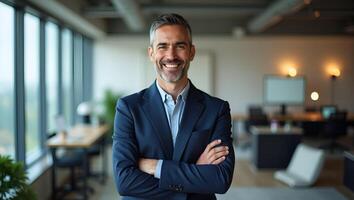 Smiling mature male CEO in office arms crossed projecting reliability driven by results symbolizing entrepreneurial foresight concept as Confident older executive stands upright u Realistic Set 6 photo