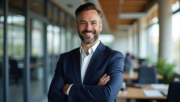 Confident Mature Male CEO in Bright Office Projecting Reliability and Entrepreneurial Foresight with Arms Crossed Stock Photo Concept with Space for Text Realistic Set