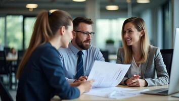 Two professionals discussing corporate strategy manager presenting project plan to female colleague at desk concept as Focused collaboration on strategic goals fostering synergy f Realistic Set photo