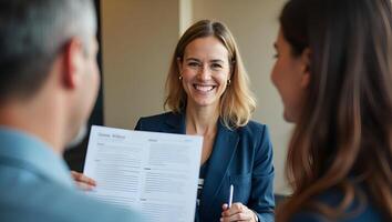 Smiling Mature HR Manager Guiding Job Interviews Professional Insights Dynamic Engagement in Corporate Settings Building Trust in Recruitment Advisory Contexts Realistic Set photo