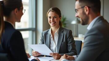 Smiling mature HR manager holding CV guiding job interview or client consult representing thorough professional insights dynamic engagement concept as Seated in corporate setting Realistic Set 2 photo