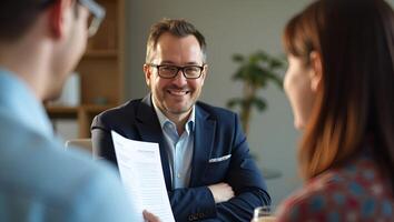 Smiling mature HR manager holding CV guiding job interview or client consult representing thorough professional insights dynamic engagement concept as Seated in corporate setting Realistic Set 4 photo