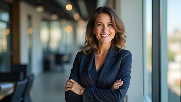 Empowering Portrait of a Happy 45 Year Old Latin Businesswoman Confident Corporate Leader Smiling with Arms Crossed in Office Setting Perfect for Stock Photo Use with Space for Realistic Set 2