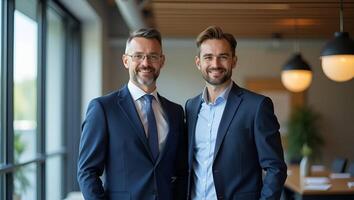 Two business partners executives standing in office looking at camera 2 sales managers company agents consultancy professionals bank advisors with devices posing for corporate por Realistic Set photo
