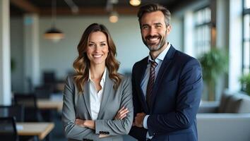Two business partners executives standing in office looking at camera 2 sales managers company agents consultancy professionals bank advisors with devices posing for corporate por Realistic Set 2 photo