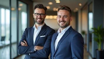 Two business partners executives standing in office looking at camera 2 sales managers company agents consultancy professionals bank advisors with devices posing for corporate por Realistic Set 3 photo