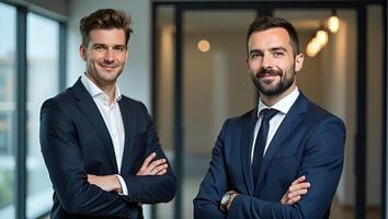 Business Partners in Corporate Portrait Sales Managers and Consultancy Professionals Posing with Devices in Office Setting Perfect for Stock Photo with Space for Text Realistic Set 2