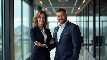 Two business partners executives standing in office looking at camera 2 sales managers company agents consultancy professionals bank advisors with devices posing for corporate por Realistic Set 4 photo