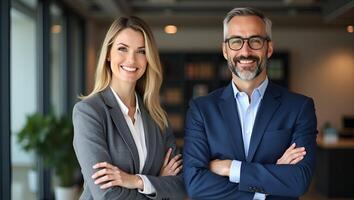 Two happy executive managers mature business man and woman leaders successful partners professional team standing arms crossed in office at work looking at camera vertical portrait Realistic Set photo