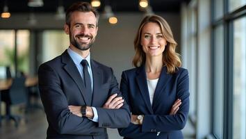 Two Happy Executive Managers Mature Business Leaders Confident Man and Woman in Professional Office Setting Arms Crossed Representing Successful Partnership and Leadership S Realistic Set photo