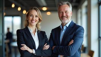Two happy executive managers mature business man and woman leaders successful partners professional team standing arms crossed in office at work looking at camera vertical portrait Realistic Set 4 photo