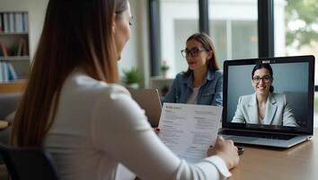 Female HR Professional Reviewing CV During Virtual Job Interview Engaging Remote Recruitment with African Male Candidate via Call on Laptop Stock Photo Concept with Empty Realistic Set