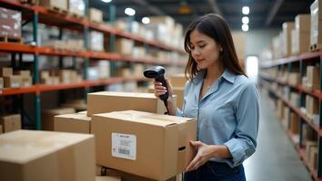 Female seller worker online store holding scanner scanning parcel barcode tag packing ecommerce post shipping box checking online retail store orders in dropshipping delivery servi Realistic Set 3 photo