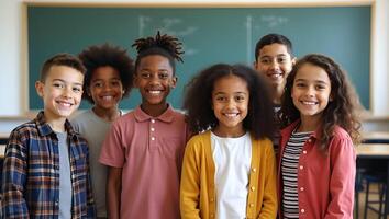 Happy Diverse Junior School Students Multiethnic Cool Kids Smiling in Classroom Portrait Educational Environment Concept with Space for Text Realistic Set photo
