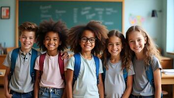 Happy diverse junior school students stand in classroom smiling and posing for a group portrait representing multiethnic cool kids boys and girls friends in an educational environm Realistic Set 3 photo
