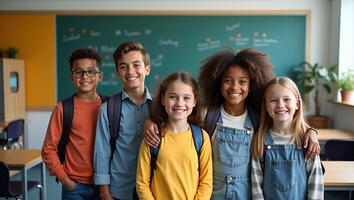 Happy Diverse Junior School Students Multiethnic Cool Kids Smiling in Classroom Portrait Educational Environment Concept with Space for Text Realistic Set 2 photo
