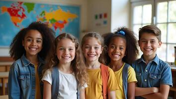 Happy diverse junior school students stand in classroom smiling and posing for a group portrait representing multiethnic cool kids boys and girls friends in an educational environm Realistic Set photo