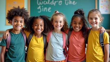Happy diverse junior school students stand in classroom smiling and posing for a group portrait representing multiethnic cool kids boys and girls friends in an educational environm Realistic Set 5 photo
