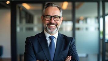 Confident Middle Aged Businessman Executive in Glasses Professional Headshot Portrait Showcasing Maturity and Leadership in Office Setting with Space for Text Realistic Set photo